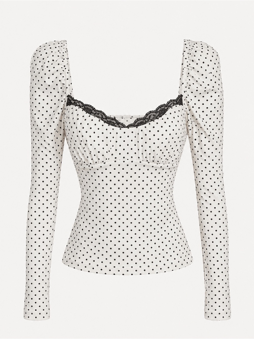 Polka Dot Lace-Trim Long Puff Sleeve Top - White/Black Goth renaissance